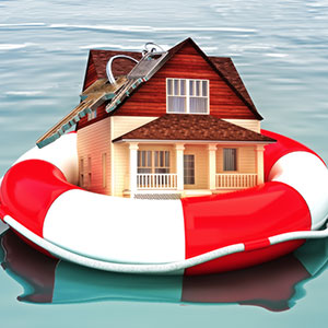 image of house floating in water on a life preserver ring